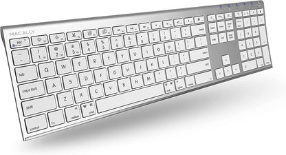 Macally Wireless Bluetooth Keyboard for Mac - Compatible Apple Keyboard or MacBook Pro/Air, iMac - Multi-Device, Up to 3 Devices with 110 Keys, 20 Shortcuts, Numeric Keypad, and Rechargeable - Silver