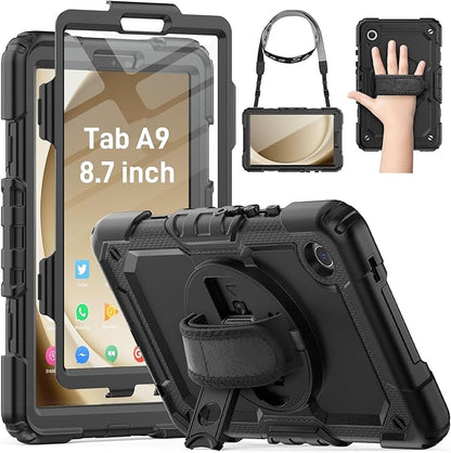 HXCASEAC Case for Samsung Galaxy Tab A9 8.7 Inch, Protective with Screen Protector/Hand Strap/Pen Holder, Sturdy Shockproof for Samsung A9 Tablet Case SM-X110 SM-X115 SM-X117 - Black