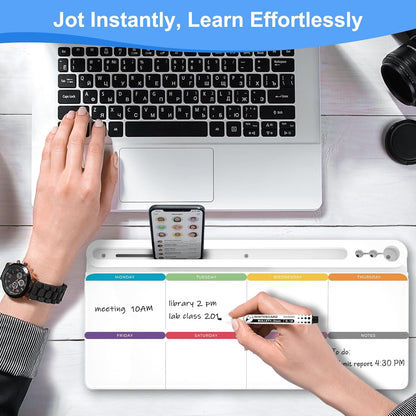 Desktop Glass Whiteboard with Storage, Colorful Weekly Calendar Desk Dry Erase White Board, Desk Organizers and Accessories, Weekly Planner Board with Notes for Planning, Memo, Office, Home, School