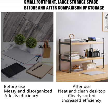 YGYQZ Wood Office Desk Shelf Organizer - Desktop Supplies Cute Dresser Top Organization Storage Rack and Cubicle Decor Aesthetic Bookshelf for Women Man and Kids (Black-Two Tier)