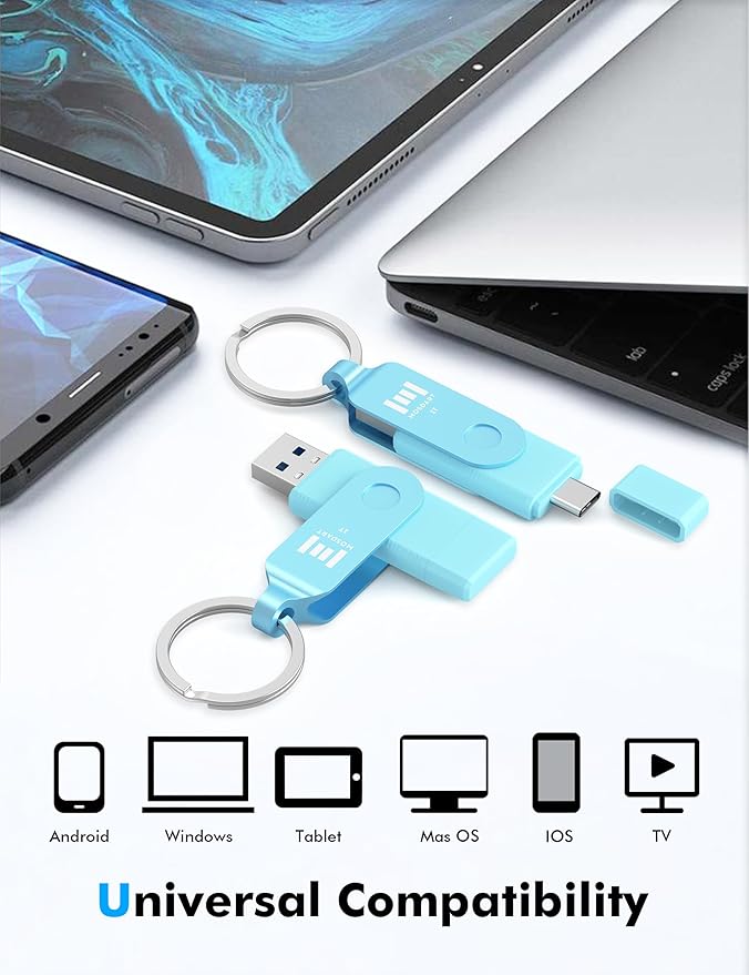 MOSDART 1TB USB3.1 Fast Speed C and A Dual Flash Drive, exFAT Memory Stick with Keychain and LED Indicator, for iPhone 15,16,17, Android Phone, iPad, MacBook, and Other Laptops, Sky Blue