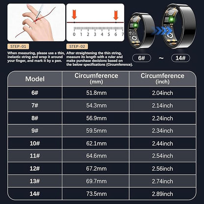 Smart Health Ring for Women Men, Fitness Tracker Ring with Heart Rate, Blood Oxygen, Sleep Tracker, Step Tracker, No Subscription Fee, IP68 Waterproof Smart Ring for iphone & Android (Black, 10#)