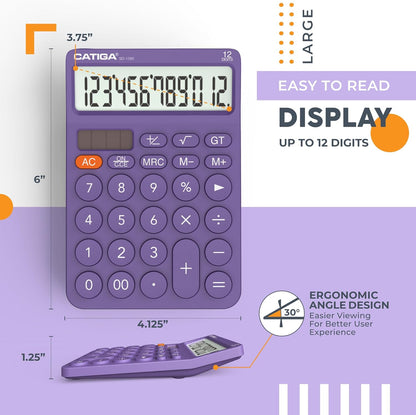 CATIGA 12 Digit Desktop Calculator Basic Desk Calculator with Large LCD Display, Big Buttons, 4 Function, Solar and Battery Dual Power, for Office, School, Home, SD-1292 Purple