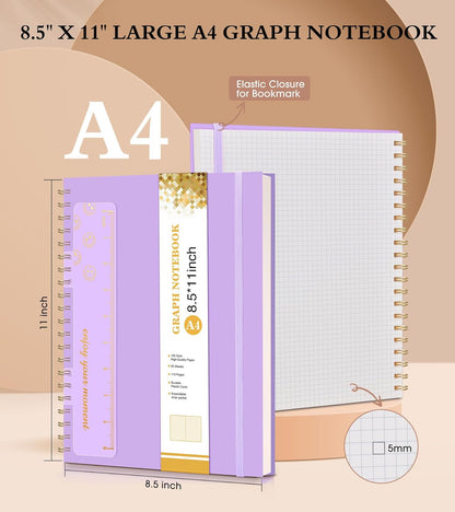 Graph Paper Notebook, Spiral Notebook Journal 8.5” x 11”, A4 Large Grid Notebooks for Women Men, 100 GSM Graph Paper, Plastic Hardcover Spiral Graphing Journals for Work School Engineerin, Purple