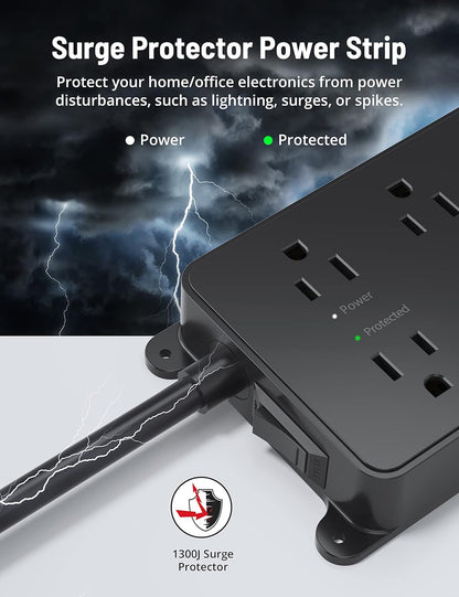TROND Power Strip Surge Protector, 5 Widely-Spaced Outlets with 2 USB A and 1 USB C, ETL Listed, Wall Mountable, Flat Plug 5ft Extension Cord, 1300J, 14AWG Heavy Duty, for Office Kitchen, Black