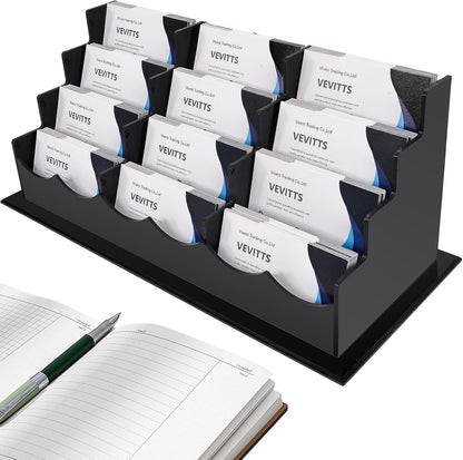 Business Card Holder, Acrylic Business Card Display, Clear Desktop Business Card Stand for Exhibition, Home & Office Black 4 Tiers 12 Slots