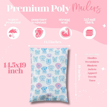 14.5x19 Designer Poly Mailer 100 Pack Heavy Duty Waterproof Self Seal Shipping Bags for Small Business Large Mailing Envelopes Bulk Tear Resistant Packaging Pretty Pups Puppy Dogs