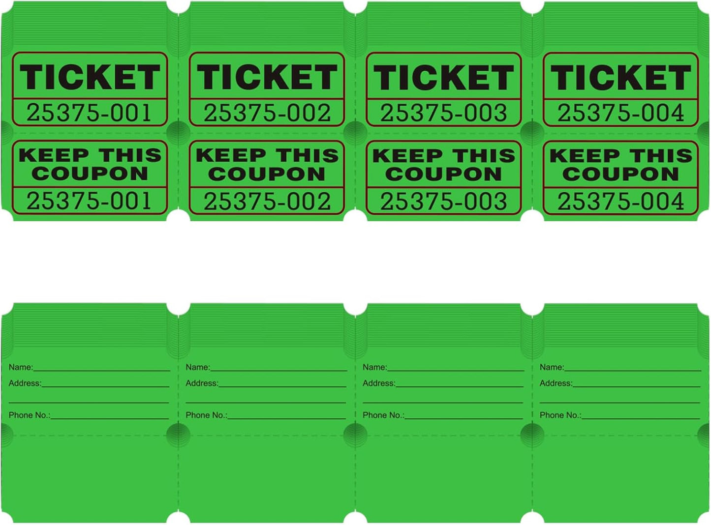 DGBDPACK 100 Raffle Tickets, 50/50 Double Ticket, Bold Numbers for Easy Reading, Ticket for Events, Entry, Class Reward & Prizes -Green