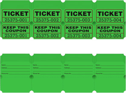 DGBDPACK 100 Raffle Tickets, 50/50 Double Ticket, Bold Numbers for Easy Reading, Ticket for Events, Entry, Class Reward & Prizes -Green