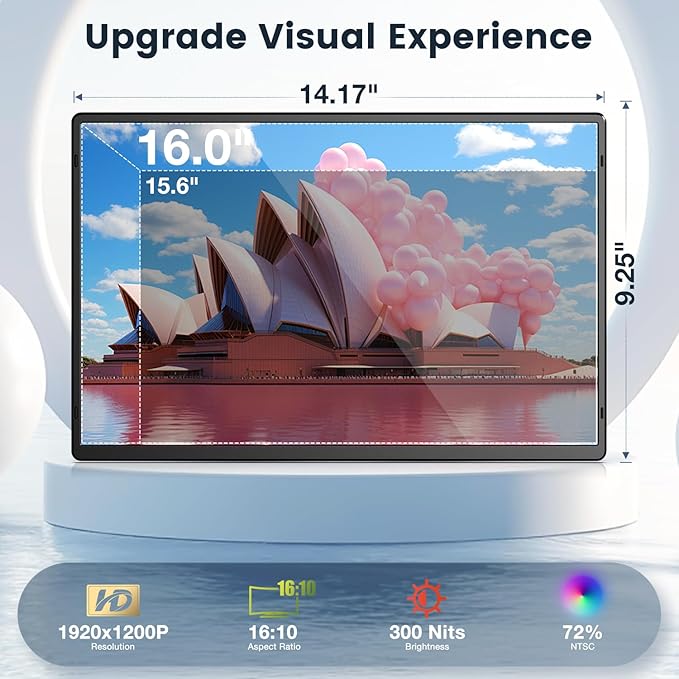 Portable Monitor, 16 Inch 1200P FHD, Horizontal and Vertical with Kickstand, Plug&Play, Built-in Speakers, Ultra-Thin Zero Frame,Travel Monitor for Laptop with Premium Smart Cover