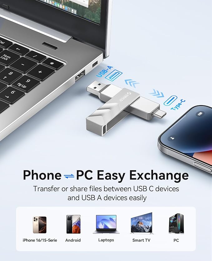 ORICO 512GB Portable Solid State Drive, 1050MB/s Dual-Port Rotating Metal External SSD with 90° Click-Stop, Reliable Storage for iPhone 16, 17 Series, Type-C Smartphone, Mac, Audio, Vehicle - A101