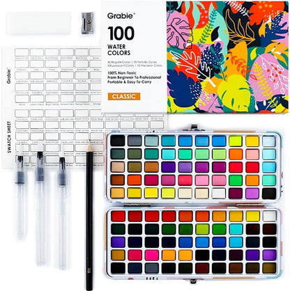 Grabie 100 Colors Watercolor Paint Set - 50 Regular, 35 Metallic, 10 Macaron and 5 Fluorescent Colors - Portable with Carrying Case, Water Brush Pens, and Accessories - For Beginners and Professionals
