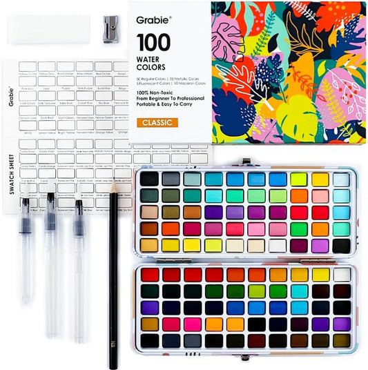 Grabie 100 Colors Watercolor Paint Set - 50 Regular, 35 Metallic, 10 Macaron and 5 Fluorescent Colors - Portable with Carrying Case, Water Brush Pens, and Accessories - For Beginners and Professionals