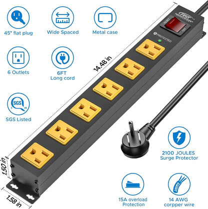 CRST 2Pack 6 Outlet Surge Protector Power Strip 2100J with Switch, 15A/1875W Heavy Duty Mountable Power Strip, Wide Spaced Power Bar for Garage Worshop Home School, 6 FT Cord（ Black+Yellow）
