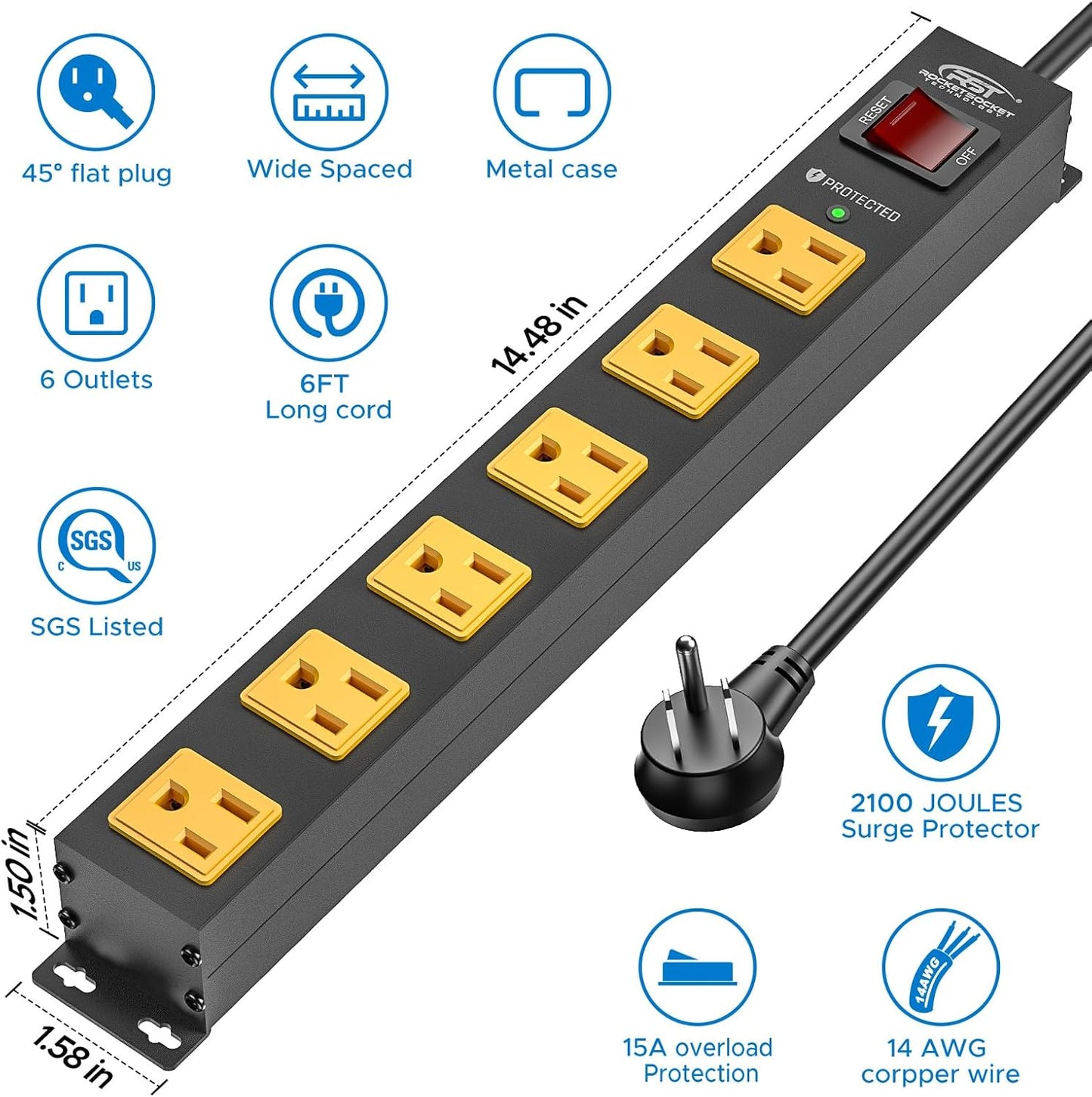 CRST 6 Outlet Surge Protector Power Strip 2100J with Switch, 15A/1875W Metal Heavy Duty Power Strip, Wide Spaced Wall Mount Power Bar for Garage Worshop Home School, 6 FT Cord（ Black+Yellow）