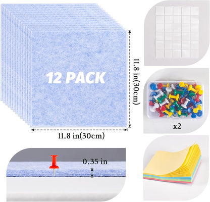 Large Cork Board Alternative, 12 Pack Felt Board with Safe Removable Adhesive Tabs Felt Wall Tiles, Large Cork Boards for Walls, Cork Board for Home Office, Pin Boards for Walls, Light Blue