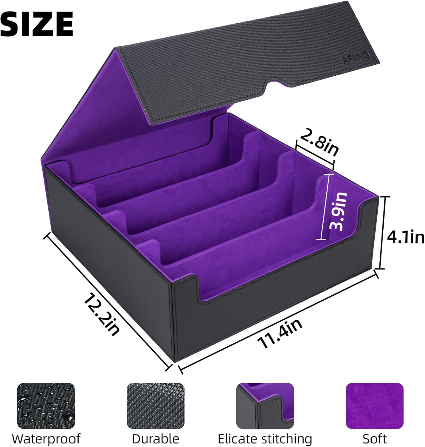 AFIING Trading Card Storage Box, MTG Deck Box with 48 Dividers & Supporters, Commander Card Deck Case Fits for Magic Game Cards, YugiOh, TCG, baseball and Sport Cards, Black Purple 3200+
