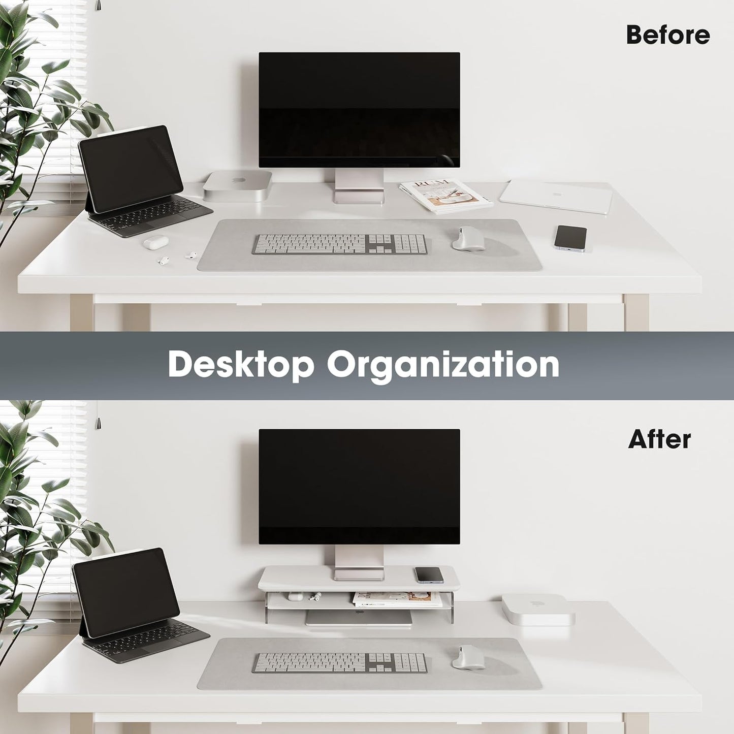 Fenge Acrylic Monitor Stand Riser, 23.6 Inches Monitor Stand with Metal Storage, 2 Tier Acrylic Computer Riser for Desk, Clear Laptop Stand for PC, Laptop, Printer, TV, White