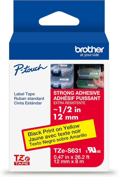 Brother Genuine P-Touch TZe Black Print on Yellow Label Tape (TZeS631), Strong Adhesive Laminated, ~1/2in x 26.2ft (12mm x 8m), for Select P-Touch Label Makers, Water-Resistant, Extra Strength