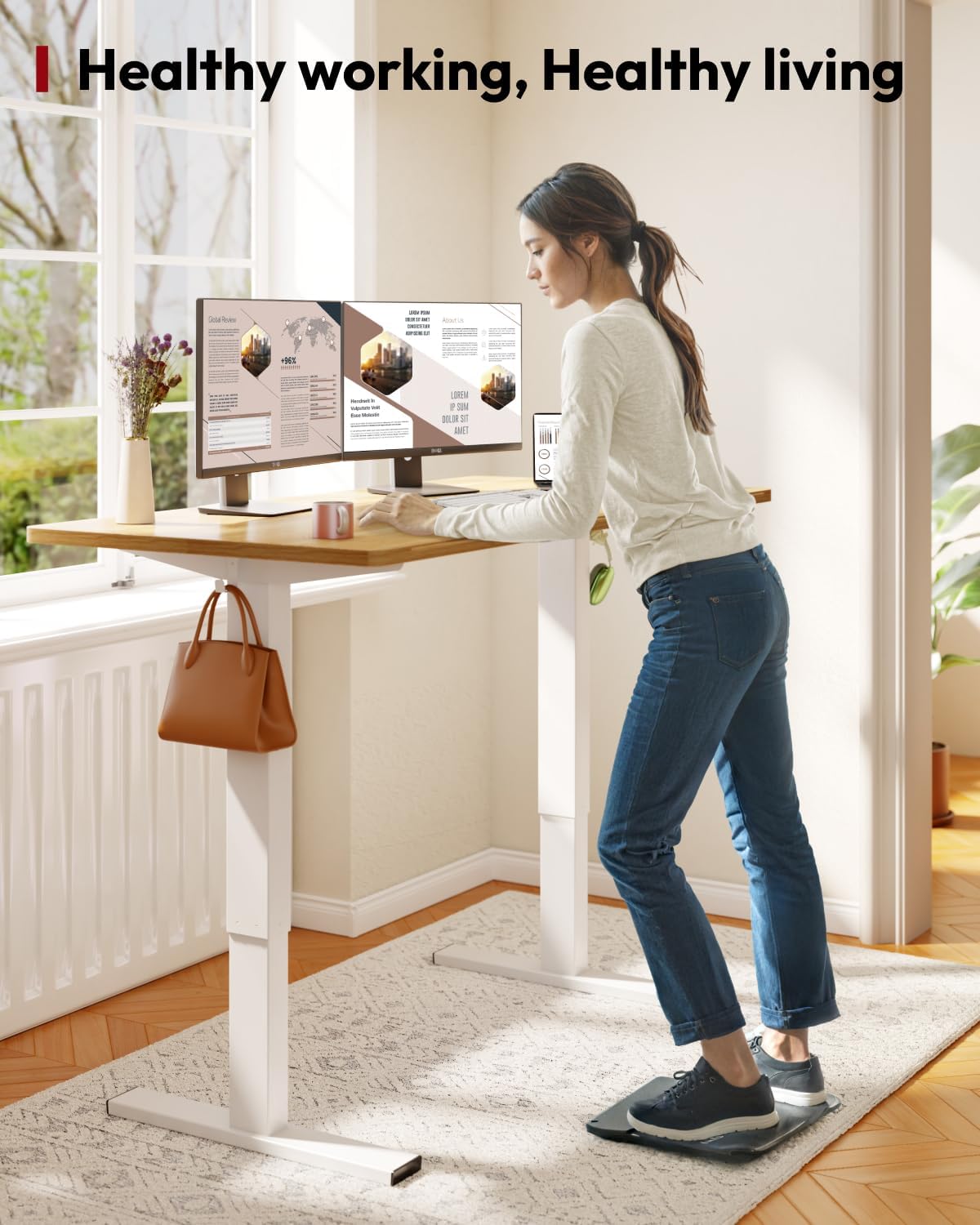 SANODESK Standing Desk Height Adjustable Electric Stand up Desk 63x24 Inches Sit Stand Home Office with Splice Board, White Frame/Maple Top