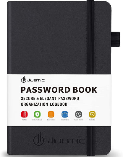 JUBTIC Password Book with Alphabetical Tabs Small Password Keeper with Inner Pocket Record Log in Internet Address Password Notebook Journal Hardcover Password Organizer for Home Office, Black