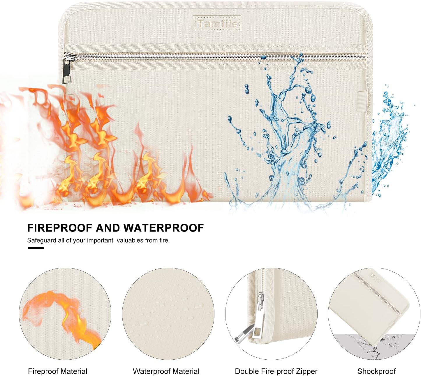 Fireproof Safe Waterproof Accordion File Bag Folder Expanding Filing Folder with 14 Multicolored Pockets, A4 Letter Size, Document Organizer Holder and Color Labels /2 Zipper (Beige 14.3" x 9.8")