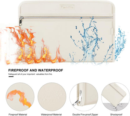 Fireproof Safe Waterproof Accordion File Bag Folder Expanding Filing Folder with 14 Multicolored Pockets, A4 Letter Size, Document Organizer Holder and Color Labels /2 Zipper (Beige 14.3" x 9.8")