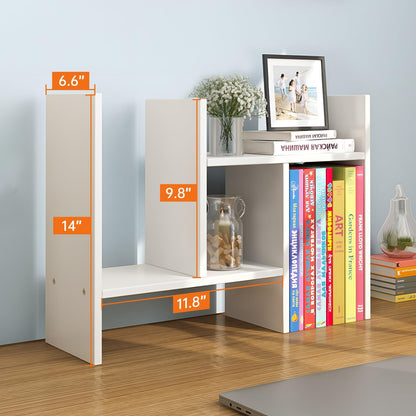 YSJILIDE Wood Adjustable Small Desktop Bookshelf, Expandable Storage Organizer, Organizer Office Storage Rack, Display Shelf Rack, Office Supplies Desk Organizer(White)
