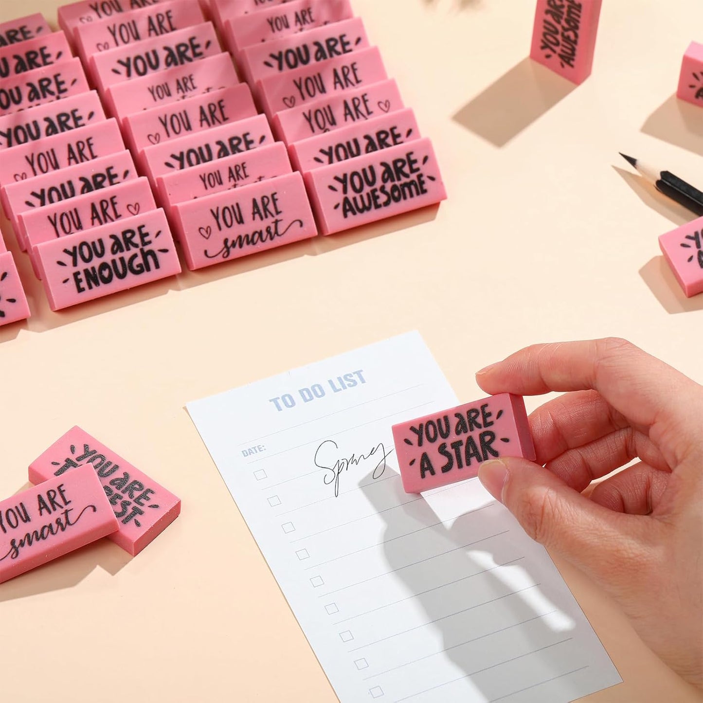 PerKoop 100 Pcs Pcs Inspirational Pink Erasers Bulk Small Motivational Block Pencil Erasers Back to School Gifts for Classroom Students Teachers Office Stationery Supplies