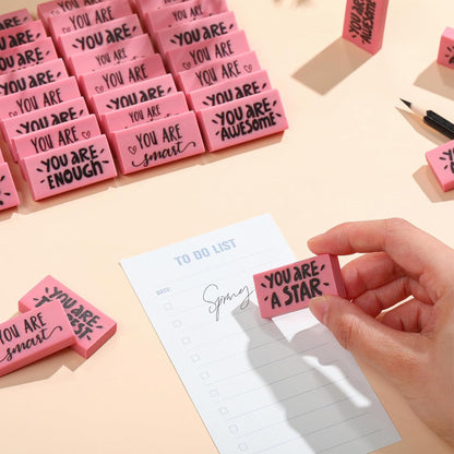 PerKoop 100 Pcs Pcs Inspirational Pink Erasers Bulk Small Motivational Block Pencil Erasers Back to School Gifts for Classroom Students Teachers Office Stationery Supplies