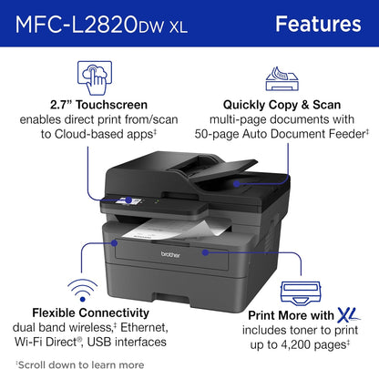 Brother MFC-L2820DW XL Wireless Compact Monochrome All-in-One Laser Printer with Copy, Scan and Fax, Duplex, Black & White | Up to 4,200 Pages of Toner Included(1), Works with Alexa