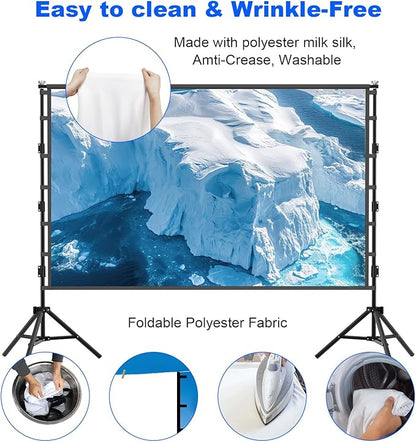 Outdoor Projector Screen with Stand, 150 inch Portable Projection Screen Wrinkle-Free 16:9 4K HD Rear Front Movie Screen with Carry Bag for Indoor Home Theater, Camping and Backyard Entertainment