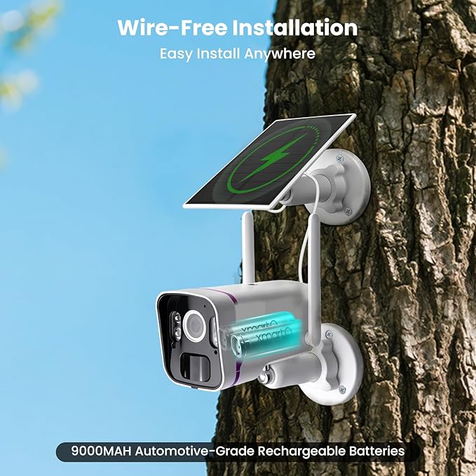 xmartO Solar Security Cameras Wireless Outdoor, WiFi6 NVR with 64GB Micro SD Card, 4 PCs 4MP QHD Home Security Camera System with 10CH Expandable NVR, 120 Days Local Storage, All-Weather Solar Charge