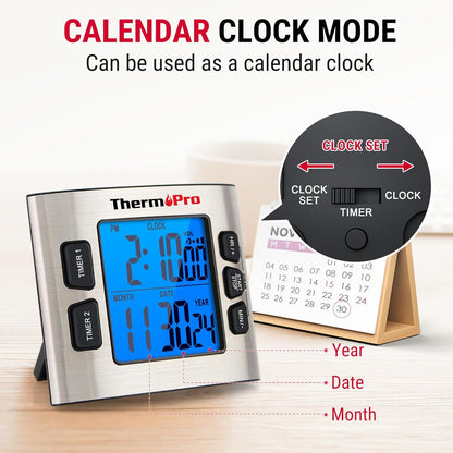 ThermoPro TM02 Digital Kitchen Timer - Dual Countdown Function with Magnetic Backing, Adjustable Alarm & Backlit LCD Display, Ideal for Cooking, Baking and as 24-Hour Shower Clock for Kids
