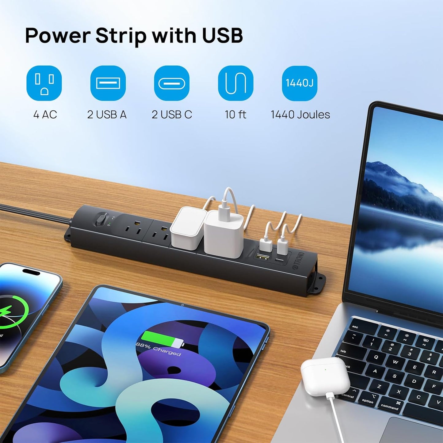 TROND Flat Plug Power Strip USB-10ft Flat Extension Cord Surge Protector Wall Mount, 2 USB C & 2 USB A Ports with Multiple Outlets, 1440J, 1625W for Office Supplies Dorm Room Essentials, Black