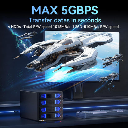 4 Bay Hard Drive Enclosure with Cooling Fan for 2.5/3.5" SATA HDD/SSD with USB A/C 3.0 Cable, Tool-Free HDD Enclosure, 3.5 Hard Drive Enclosure Support 80TB, Hot Swappable(NO RAID/NAS)