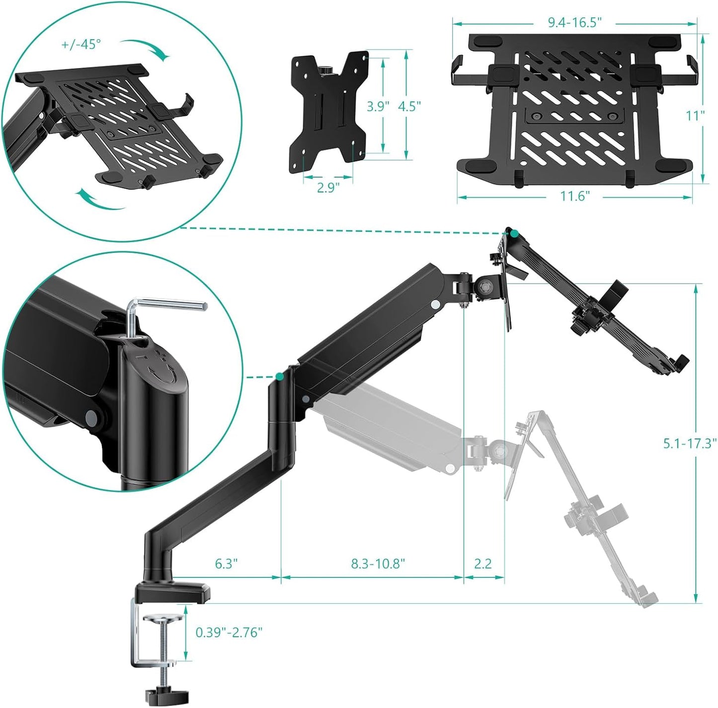 WALI Laptop Desk Mount, 2-in-1 Monitor Mount with Adjustable Laptop Tray, Fits Max 17" Notebook and 34" Computer Screen, Max Holds 22-26.4 lbs, Single Monitor Laptop Stand for Desk (GSMP001NLP), Black