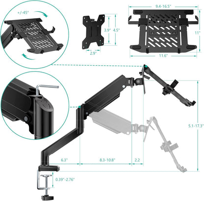 WALI Laptop Desk Mount, 2-in-1 Monitor Mount with Adjustable Laptop Tray, Fits Max 17" Notebook and 34" Computer Screen, Max Holds 22-26.4 lbs, Single Monitor Laptop Stand for Desk (GSMP001NLP), Black