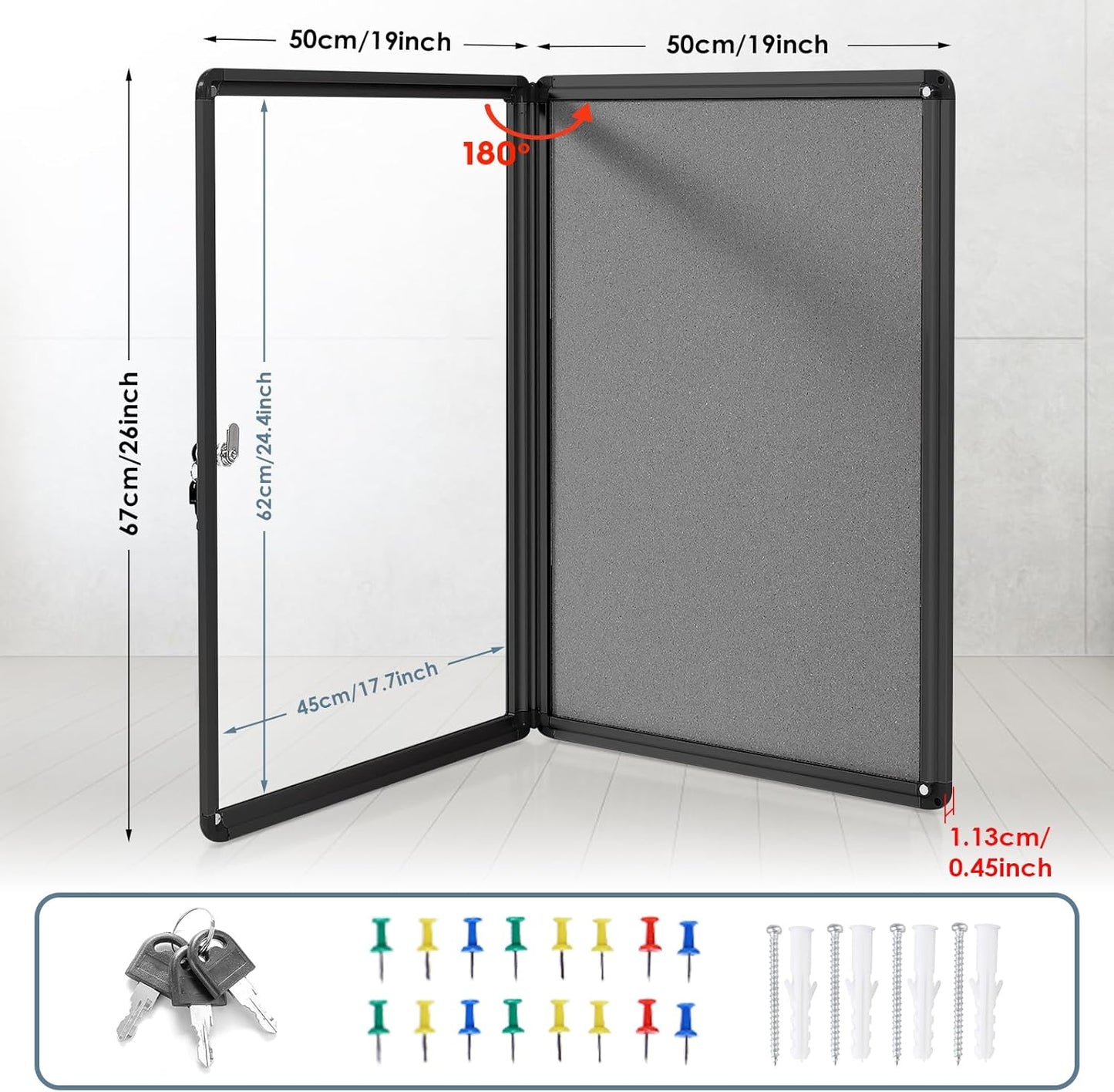 Enclosed Bulletin Board Lockable Display Case Message Board with Locking Door for Indoor, Grey Felt, Black Aluminum Frame, 26 X 20 in