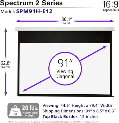 Elite Screens Spectrum2, 91-inch 16:9, 12-inch Drop, Electric Motorized Drop Down Projection Projector Screen, SPM91H-E12