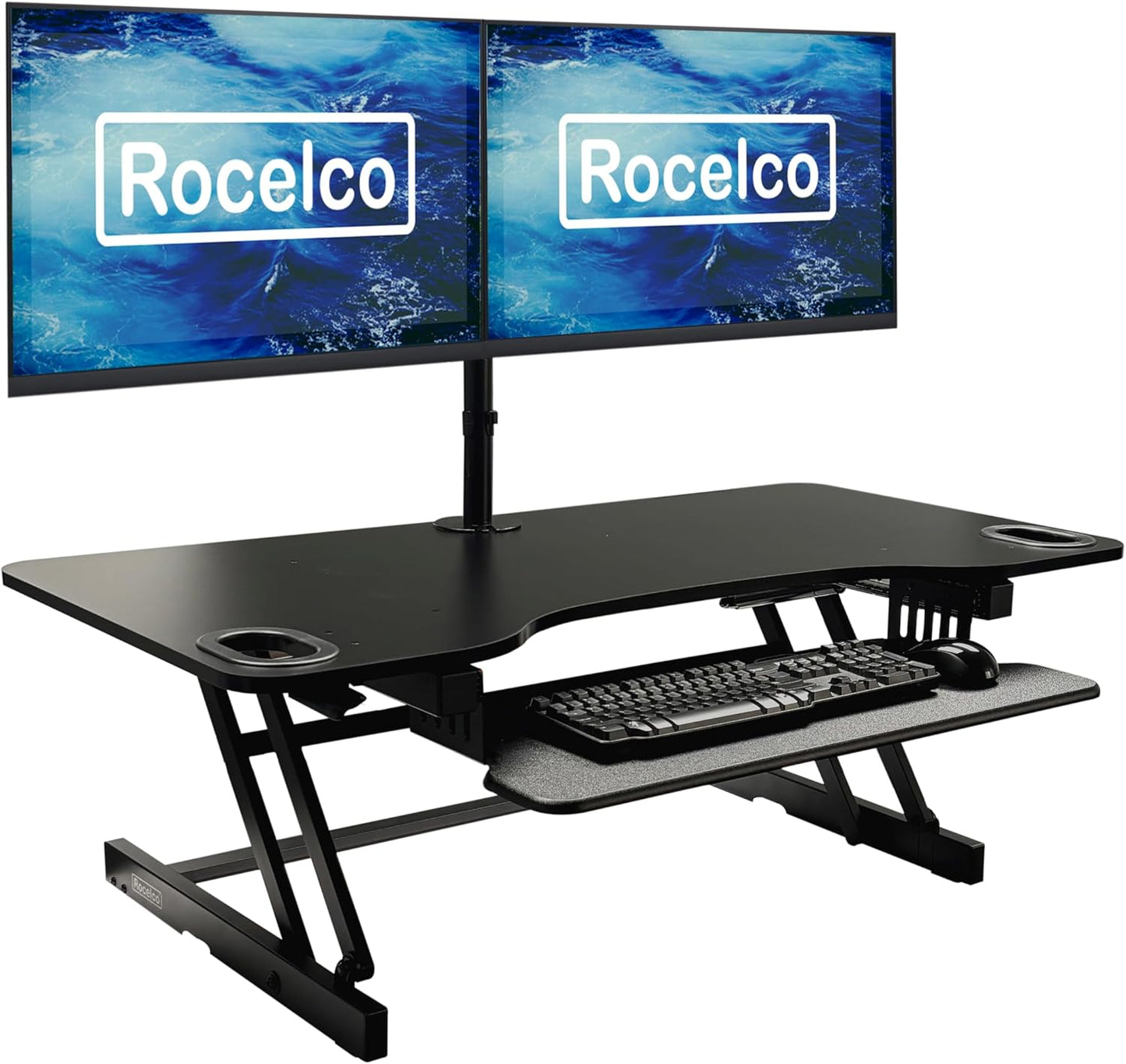 Rocelco 45" Height Adjustable Standing Desk Converter with Dual Monitor Mount and Slide Out Retractable Keyboard Tray - Sit Stand Up Triple Screen Tabletop Riser Workstation - Black (R ADRB-45-DM2)