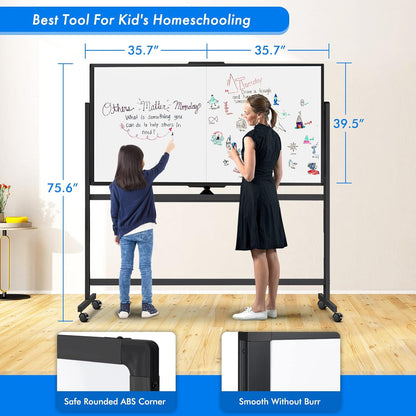 maxtek 72 x 40 Double Sided Rolling Whiteboard, Mobile Whiteboard Magnetic White Board - Large Reversible Dry Erase Board Easel Standing Board on Wheels with Stand (72 x 40 Black)