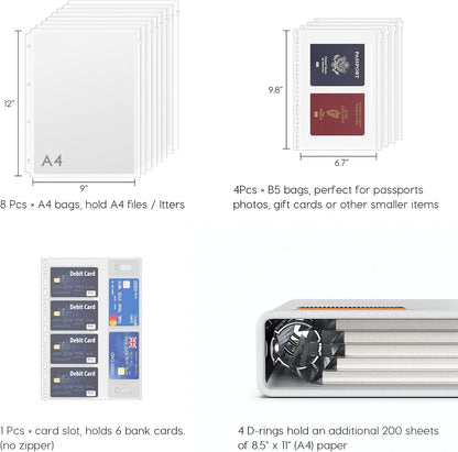 Important Document Organizer Zipper Binder, Fireproof Document Bag for Birth Certificate Protector, Waterproof Bill Organizer in Case I Go Missing Binder for Home Safe, 4 Ring Receipt Holder(Sliver)