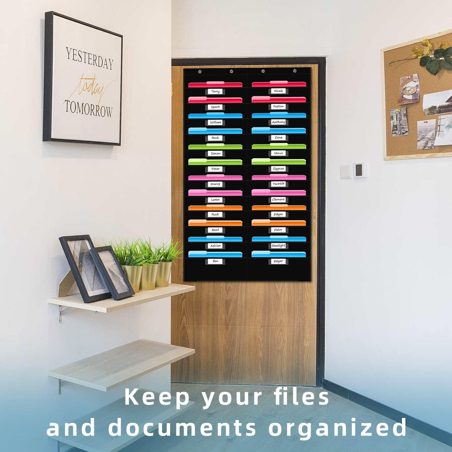REGELETO 24 Pocket Storage Chart with Nametag Pockets, Hanging Wall File Organizer for Classroom and Office, Black