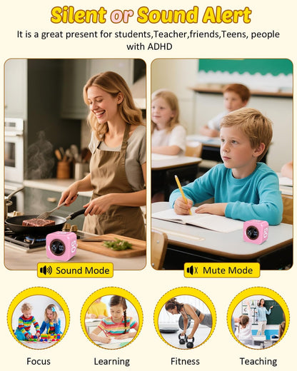 Pomodoro Timer Cube Visual Productivity Flip Timer for Kids Classroom Desk, 5/10/25/50min& Custom Countdown, Silent&Sound Mode Digital Cube for ADHD Study Work School Game Kitchen (Pink)