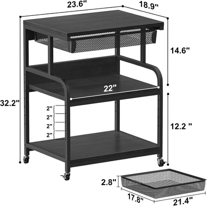 EasyCom 23.6''x18.9'' Extra Large Printer Stand with Drawer, 5-Adjustable Heights 3 Tier Table with Wheels, Rolling Printer Cart with Storage for Printer Scanner Fax Home Office Use