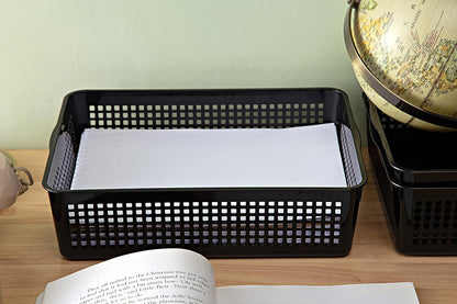 A4 Size Plastic Storage Basket,Desktop File Paper Letter Organizer Tray, 6-Packs (White+Black)