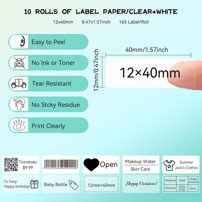 D30 P21 Label Tape 12 x 40 mm(0.47"x1.57"), d30 Labels Compatible with D30 Portable Label Printer Adapted Label Print Paper for Office 160 Labels/Roll, 10 Rolls (White+Transparent)