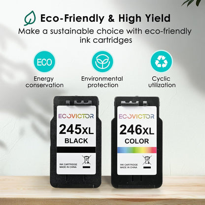 Eco-Friendly Ink Cartridge Replacement for Canon 245XL 246XL Black and Color Combo 2 Pack 245 246 PG-245 CL-246 XL for PIXMA TR4520 TR4522 TR4500 TS3320 MX492 MG2522 MG2920 MG3029 Printer