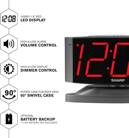 Sharp Home LED Digital Alarm Clock – Swivel Base - Outlet Powered, Simple Operation, Alarm, Snooze, Brightness Dimmer, Big Red Digit Display, Gun Metal Grey Case